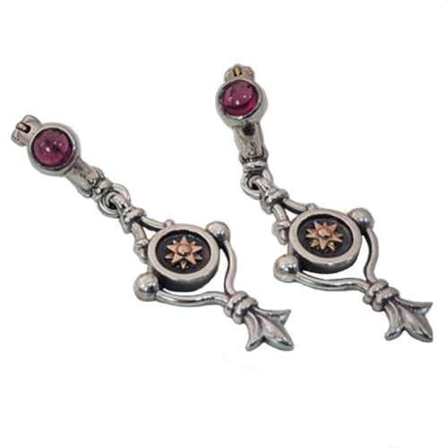 Gold and Silver Round Dangle Earrings With Garnet Gemstone