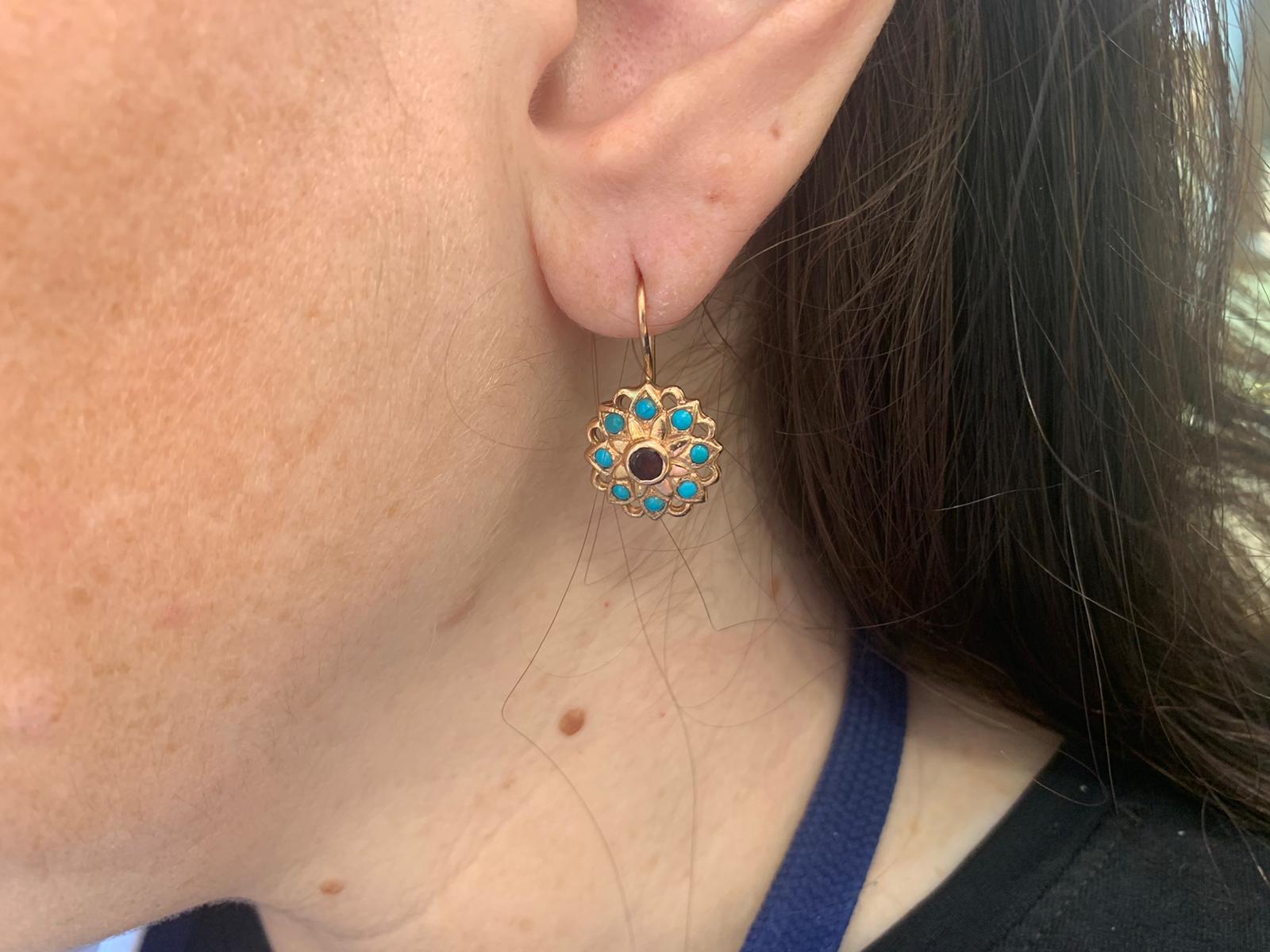 14K Rose Gold Vintage Style Flower Earrings with Garnet and Turquoise