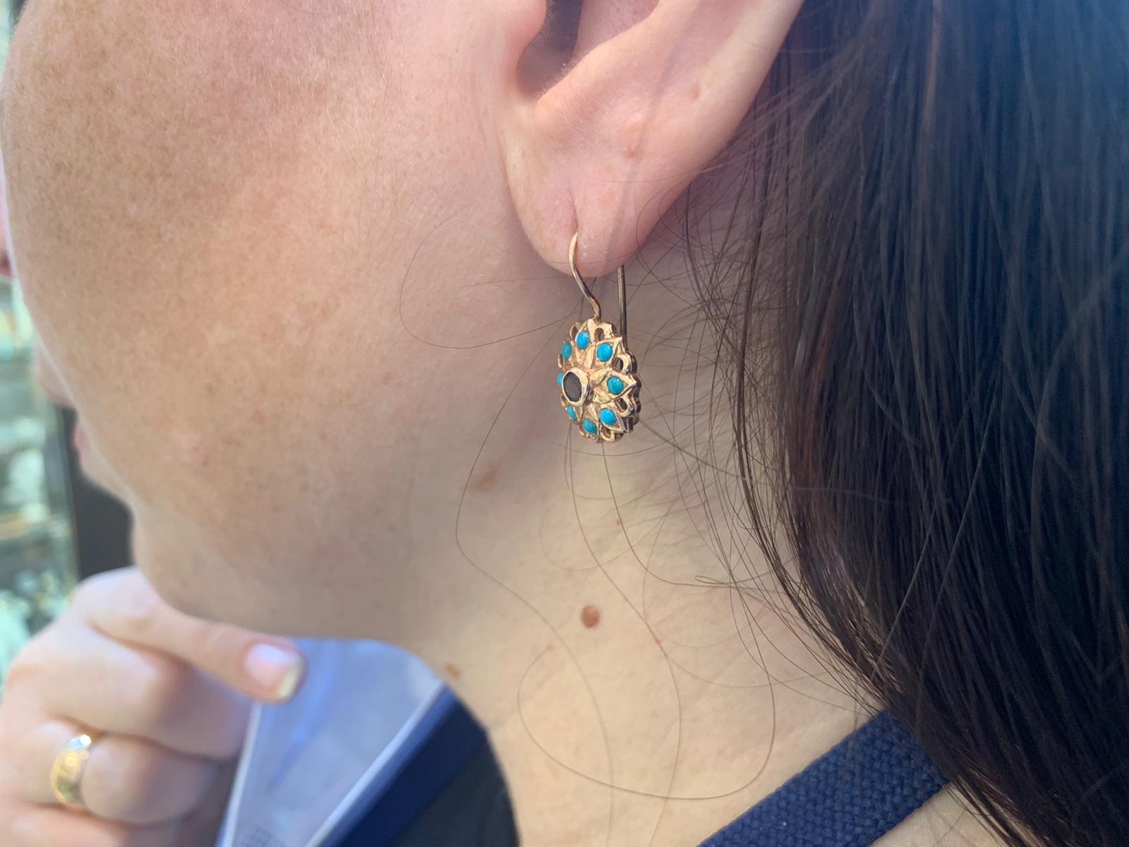 14K Rose Gold Vintage Style Flower Earrings with Garnet and Turquoise