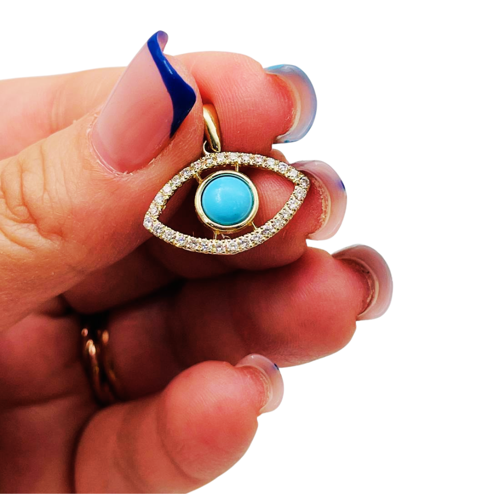 Evil Eye Pendant with Diamonds & Turquoise in 14K Gold