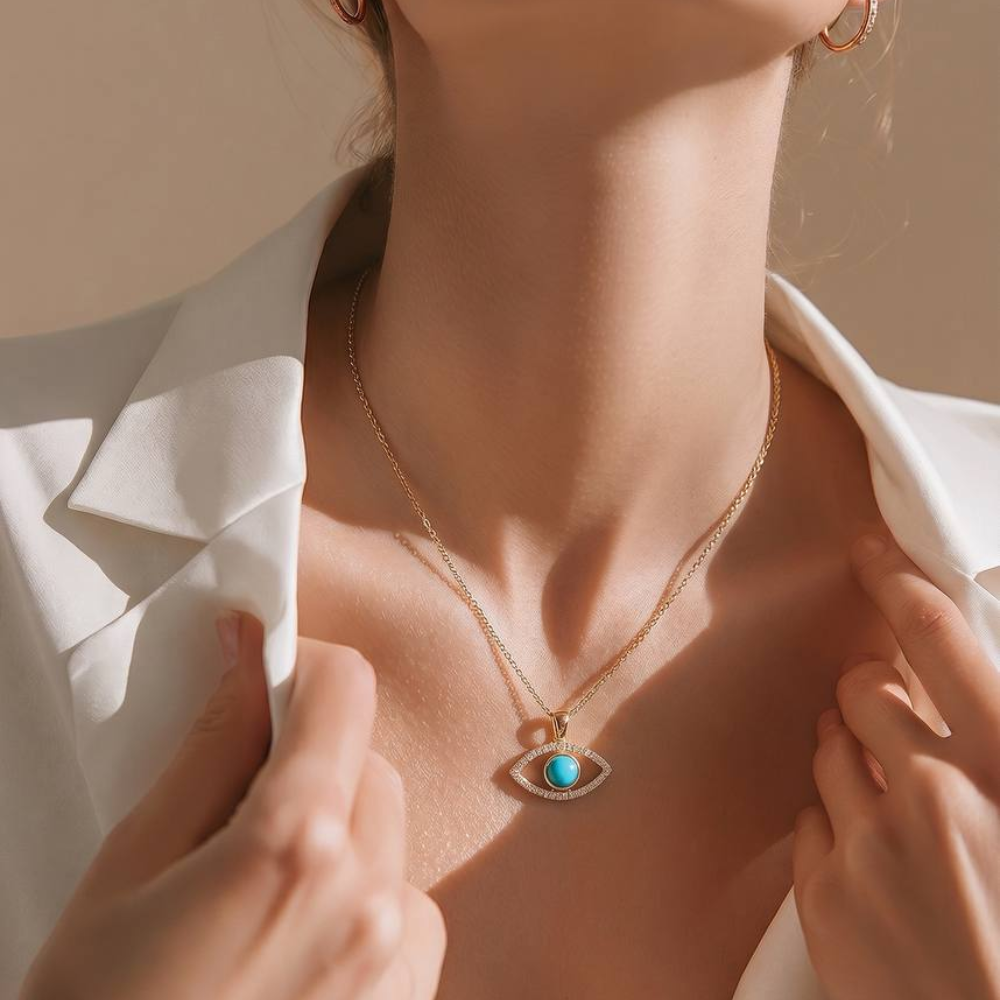 Evil Eye Pendant with Diamonds & Turquoise in 14K Gold