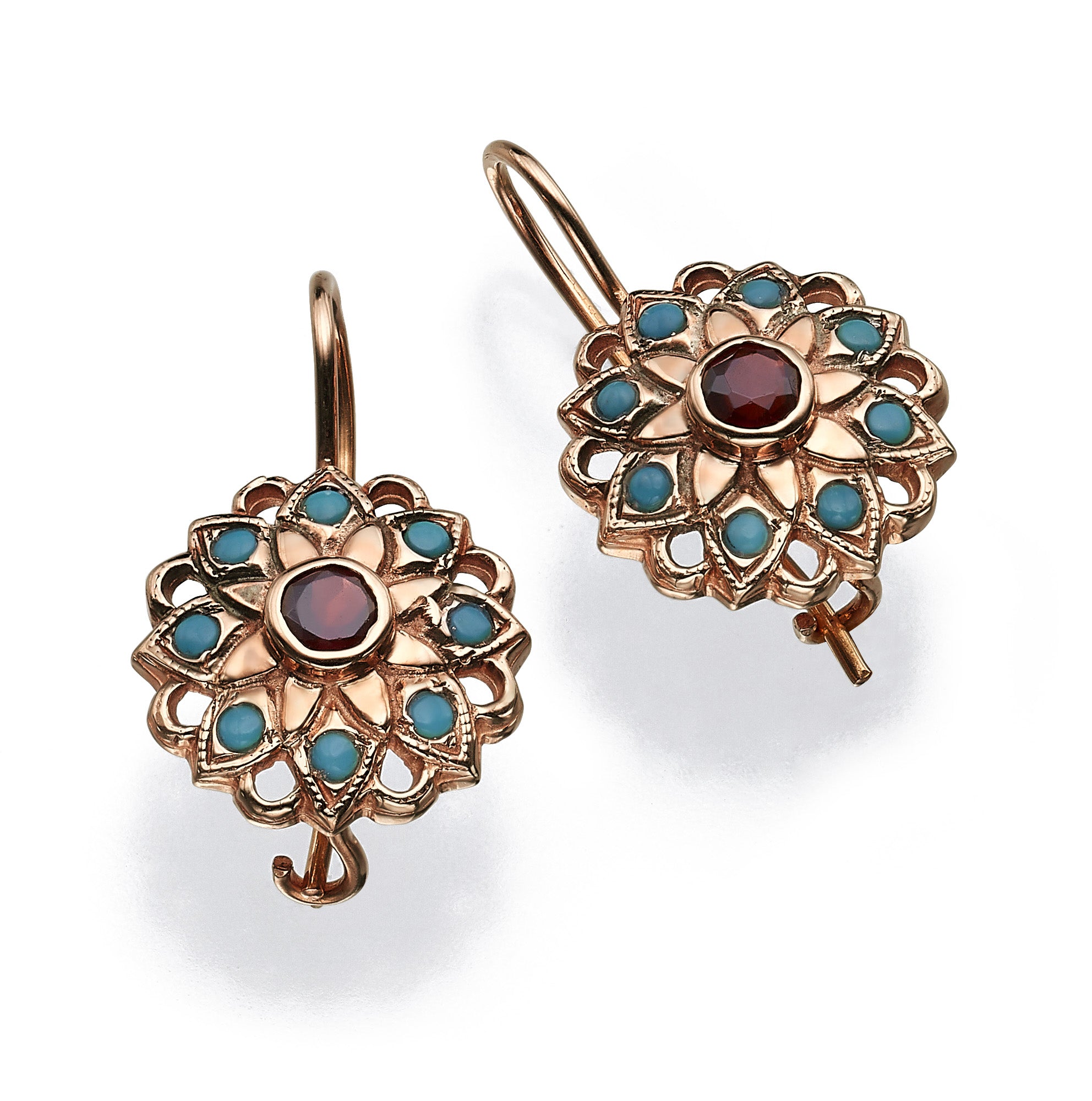 14K Rose Gold Vintage Style Flower Earrings with Garnet and Turquoise