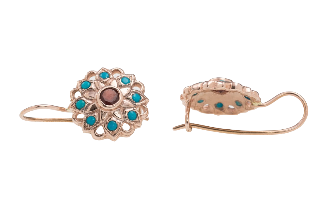 14K Rose Gold Vintage Style Flower Earrings with Garnet and Turquoise