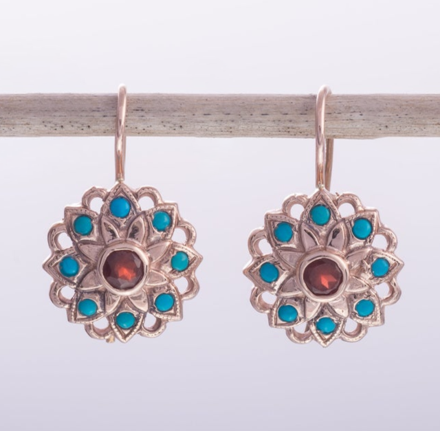 14K Rose Gold Vintage Style Flower Earrings with Garnet and Turquoise