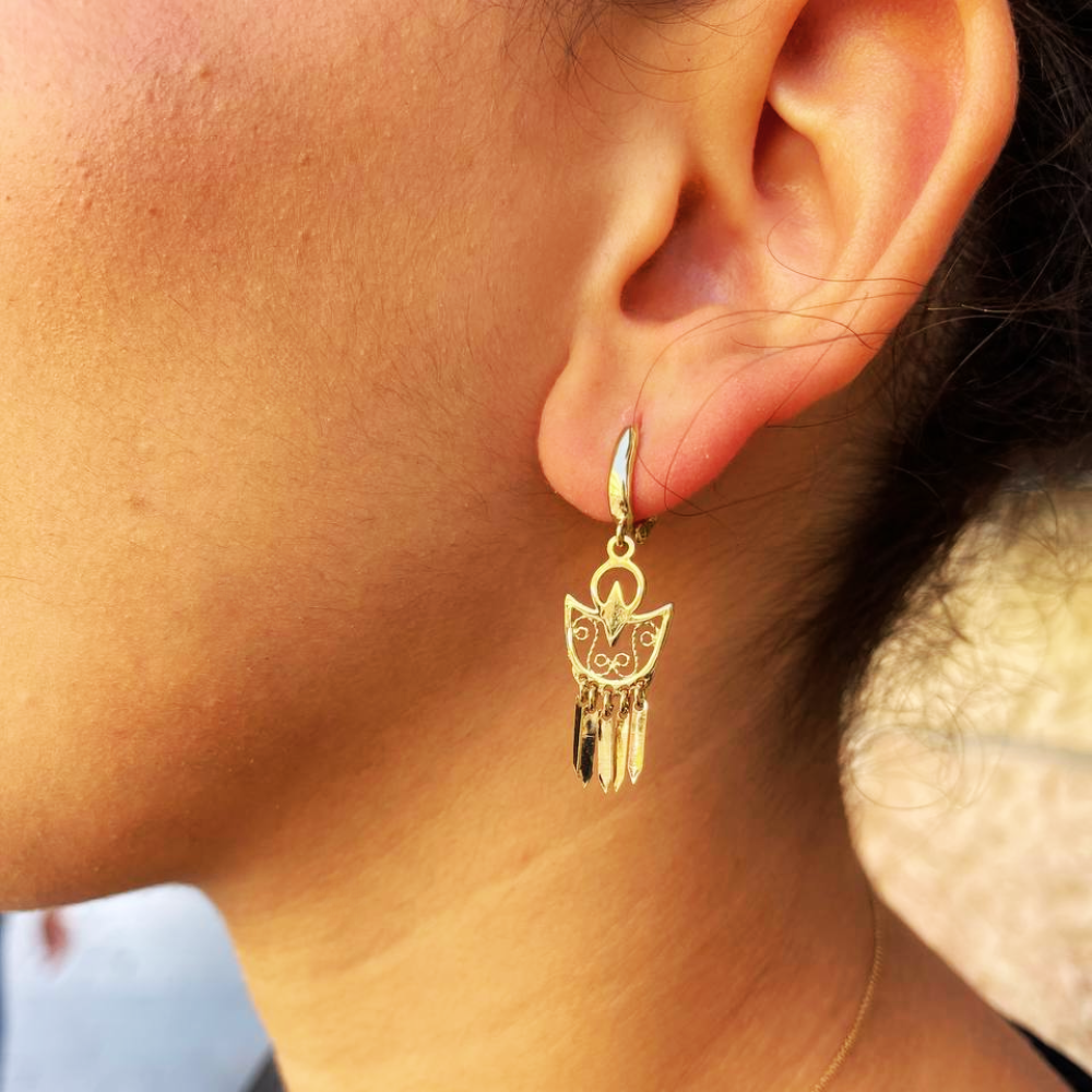 14K Gold Filigree Crescent Fringe Earrings