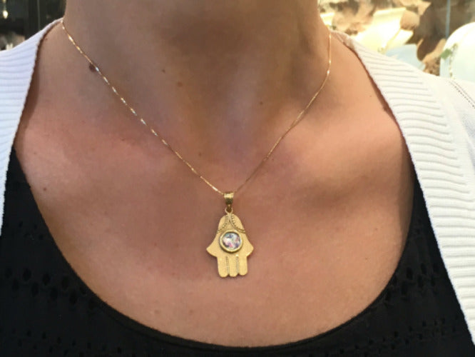 Embellished 14k Gold Roman Glass Hamsa Pendant