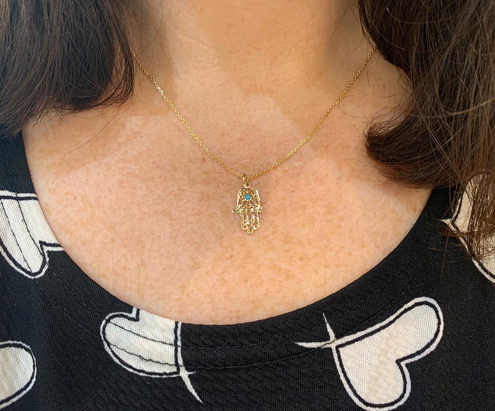 Hamsa Hand Pendant - 14k Yellow Gold Filigree Turquoise
