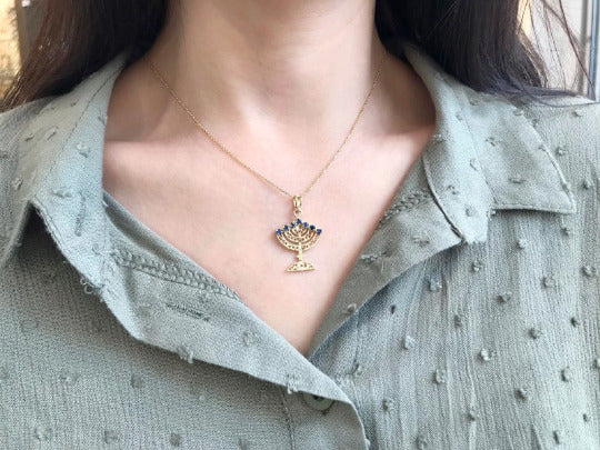 14k Gold and Precious Stones Reversible Menorah Pendant