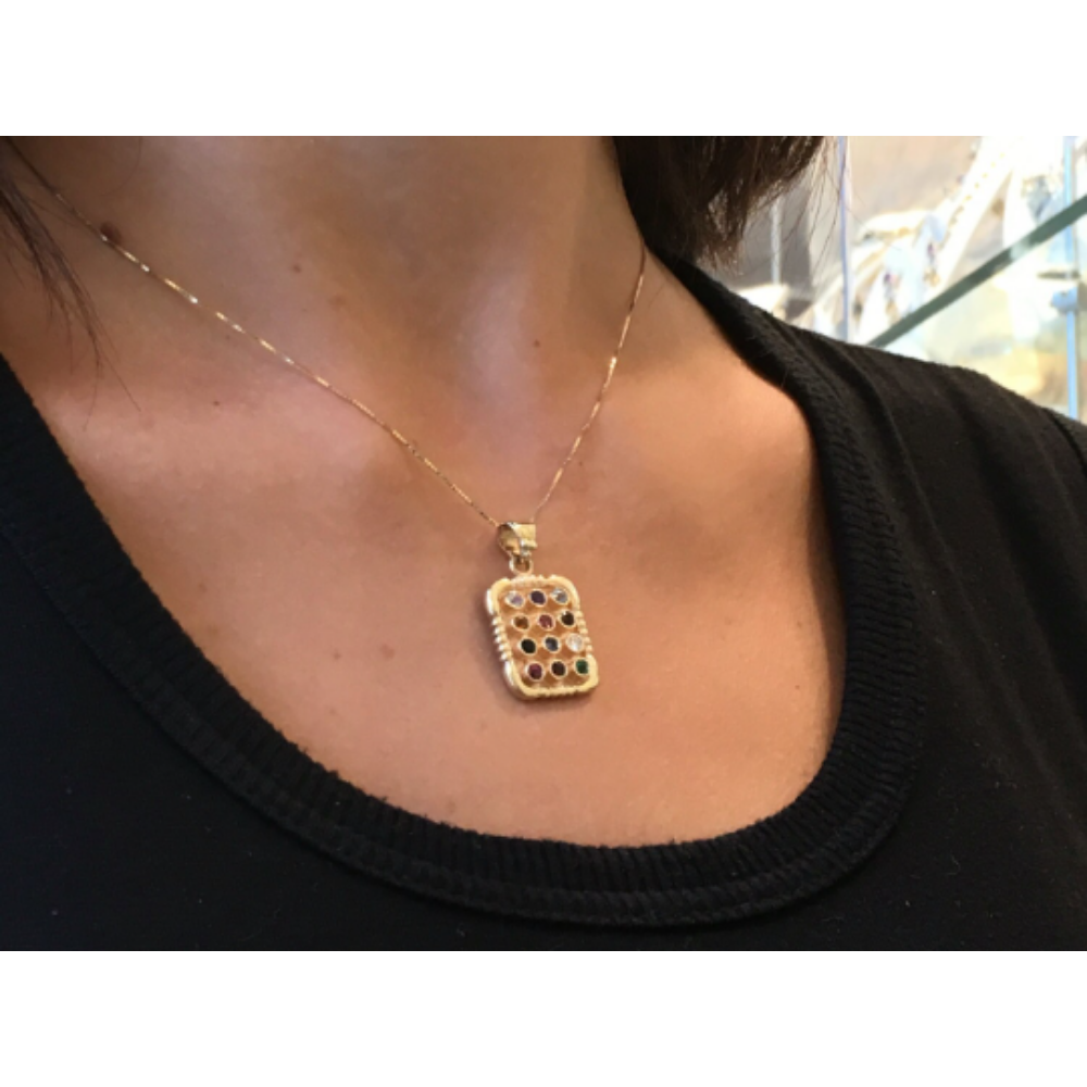 Beaded Bail 14K Yellow Gold and Precious Stones Large Hoshen Pendant