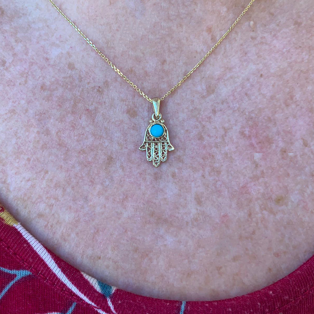 14K Gold Turquoise Filigree Mini Hamsa Pendant