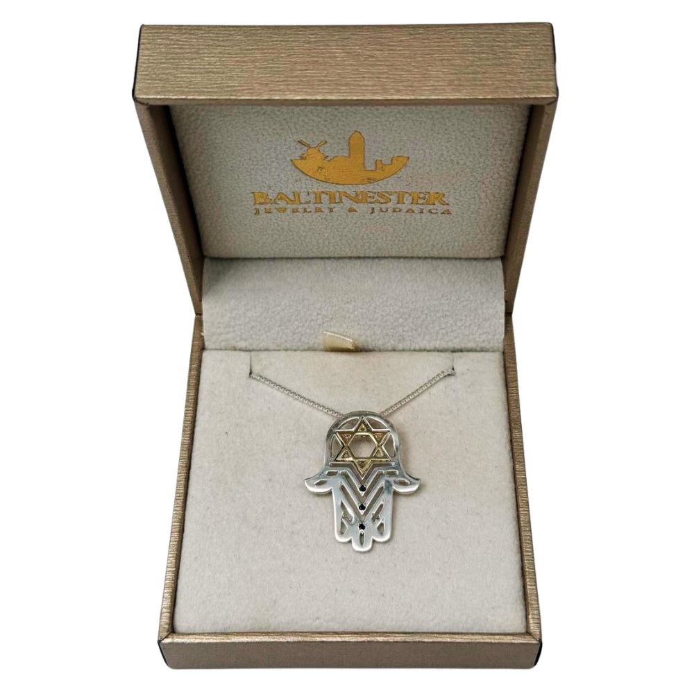 Star of David Hamsa Pendant with Black Diamonds