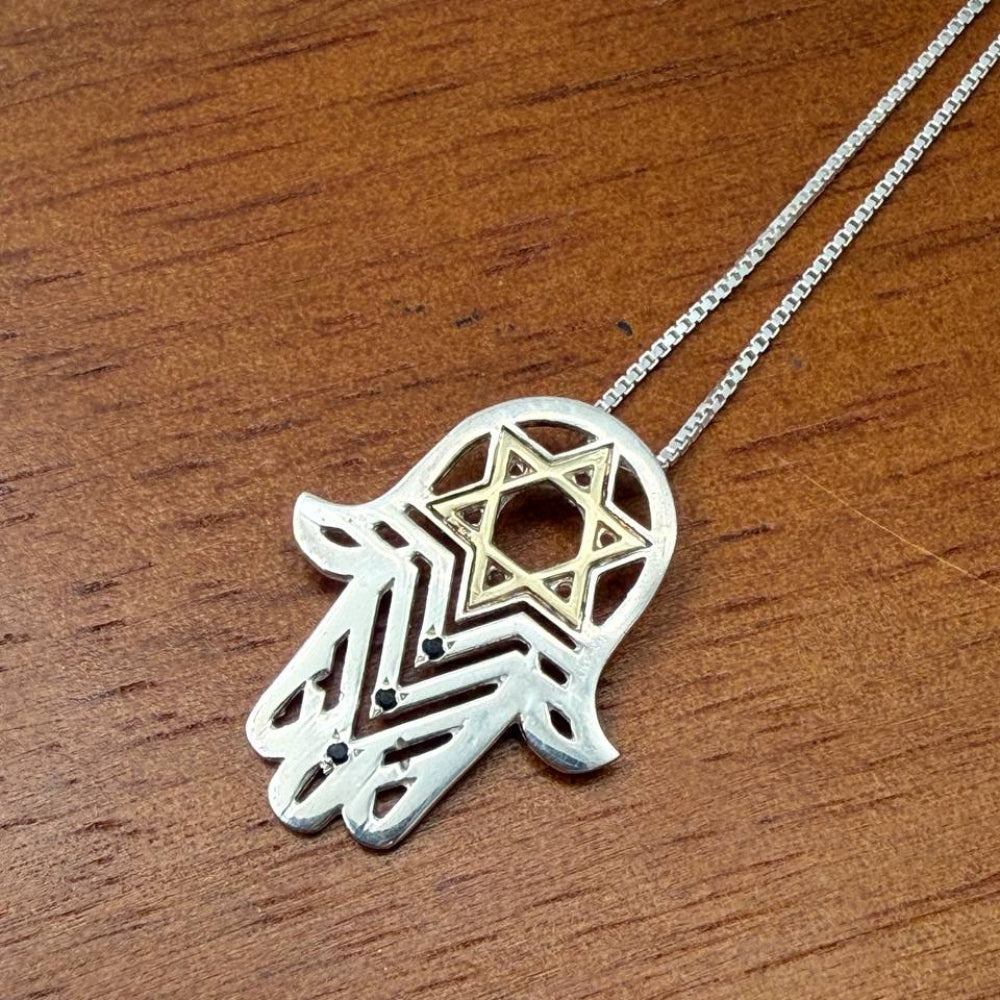 Star of David Hamsa Pendant with Black Diamonds