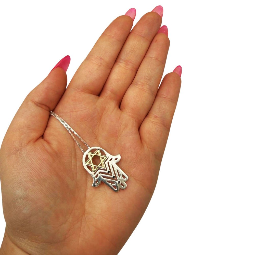 Star of David Hamsa Pendant with Black Diamonds