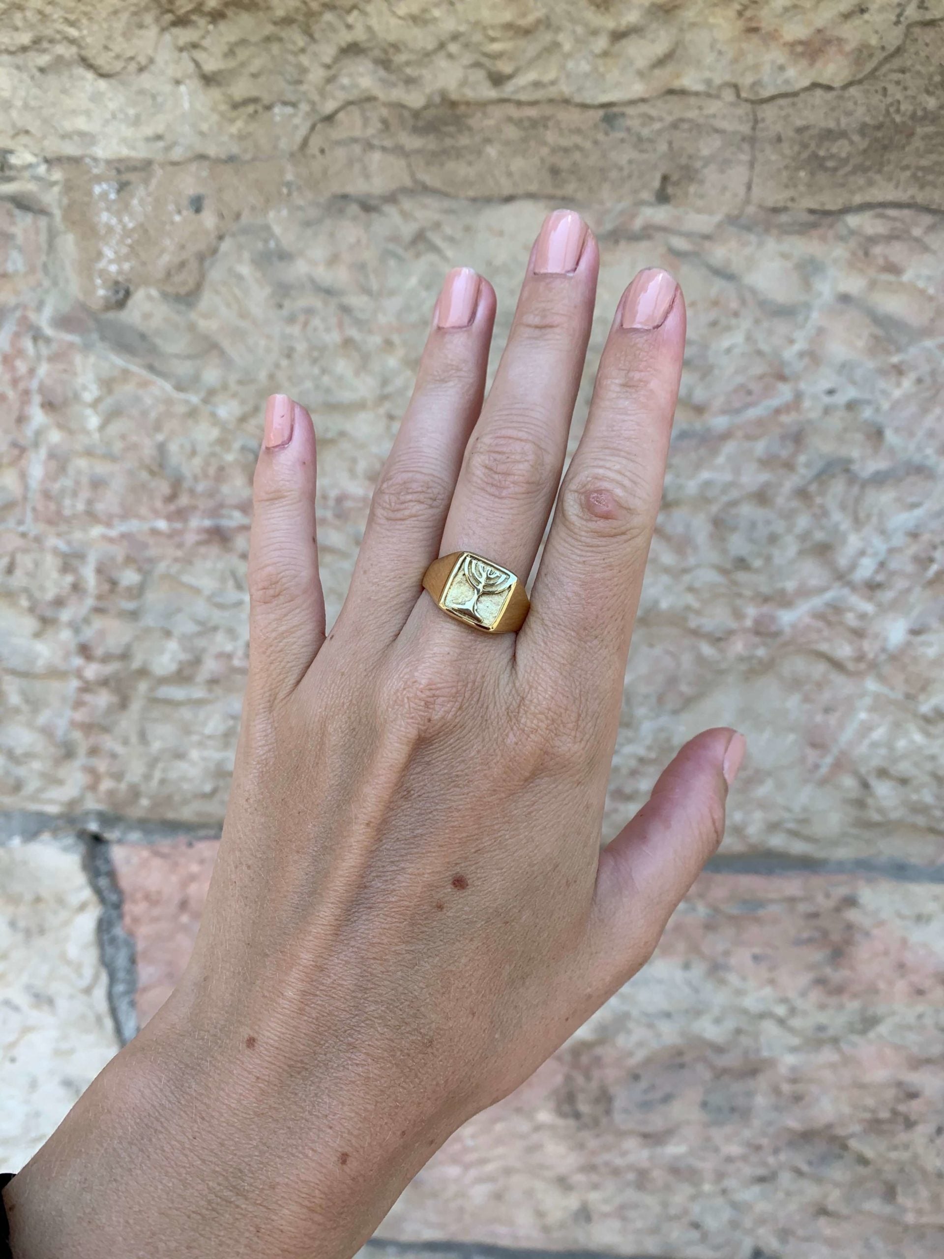 14k Gold Signet Menorah Ring