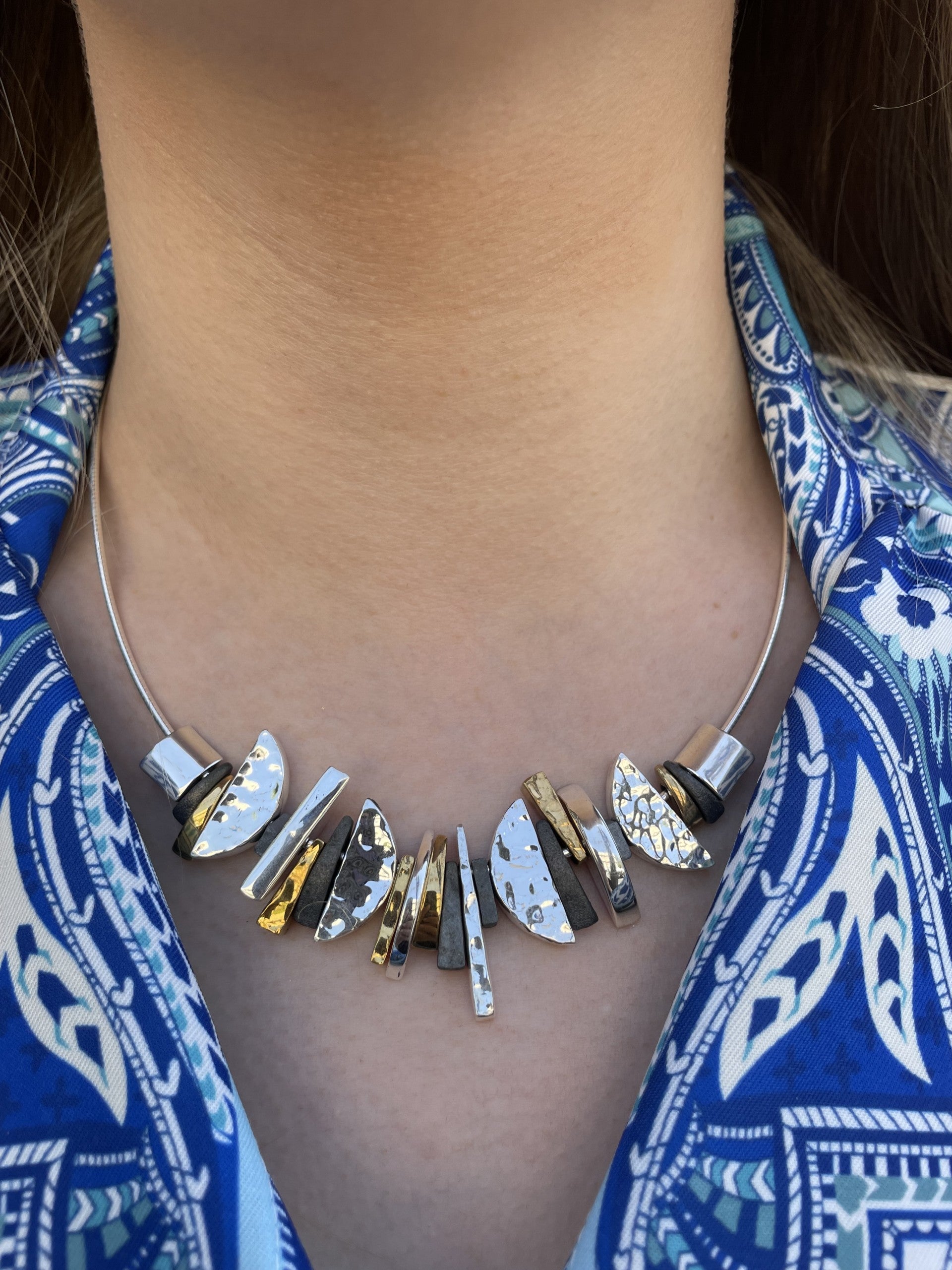 Silver and Gold Plated Crescent Necklace - Electroformed