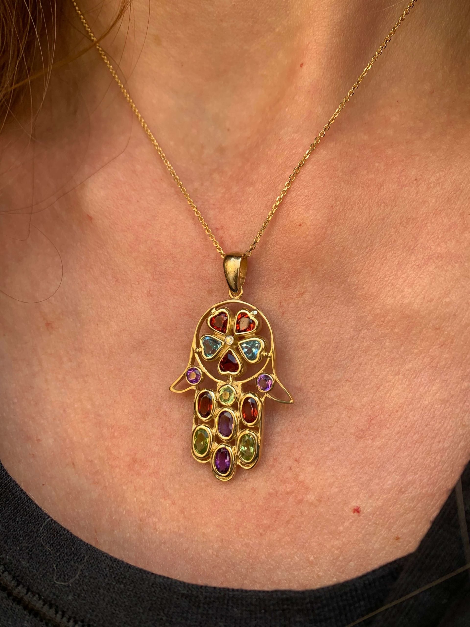 Hamsa Pendant - 14k Gold Diamond and Semi Precious Stones