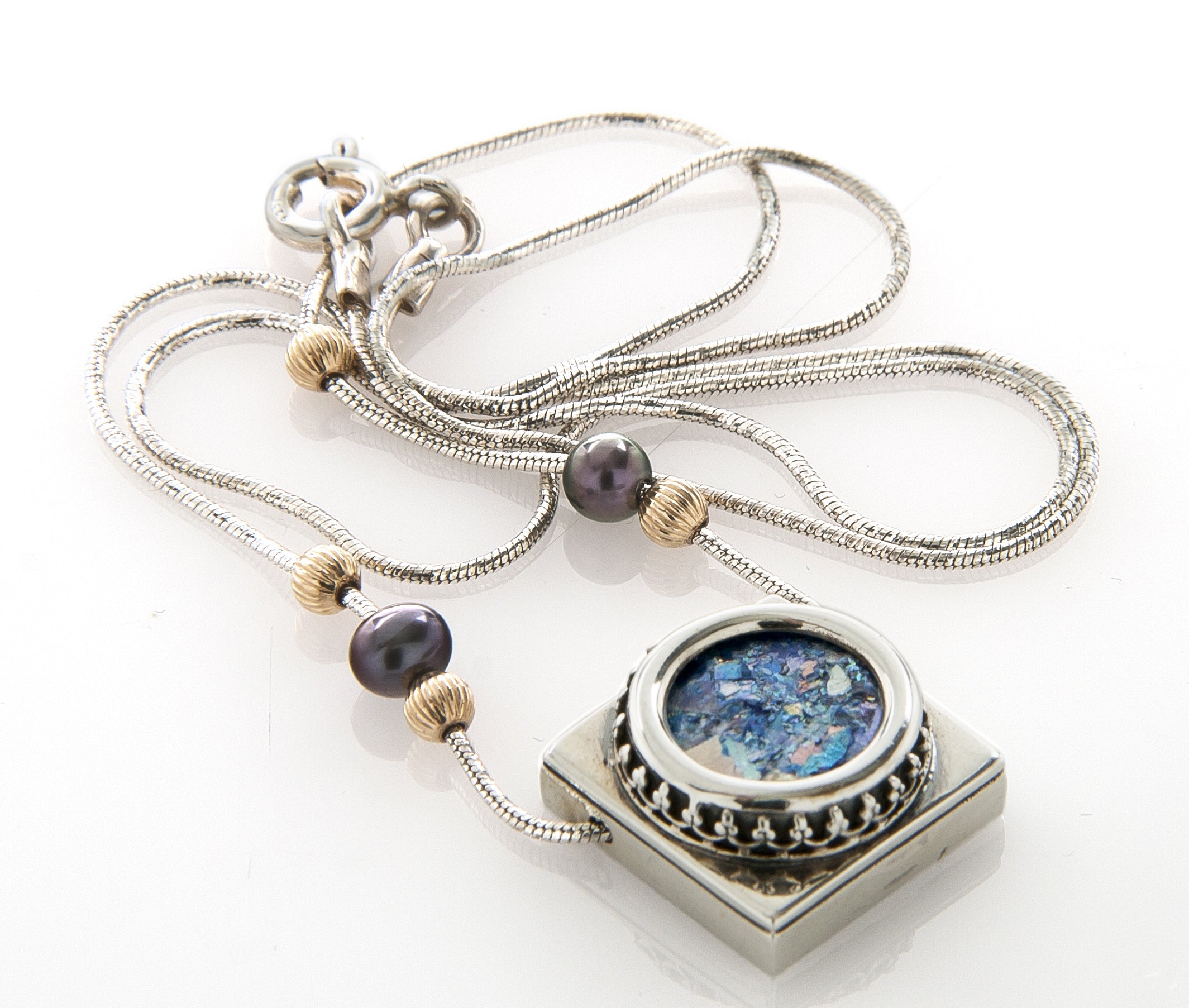 Roman glass necklace  - Silver Ornamental Pearls Dual Shape Necklace