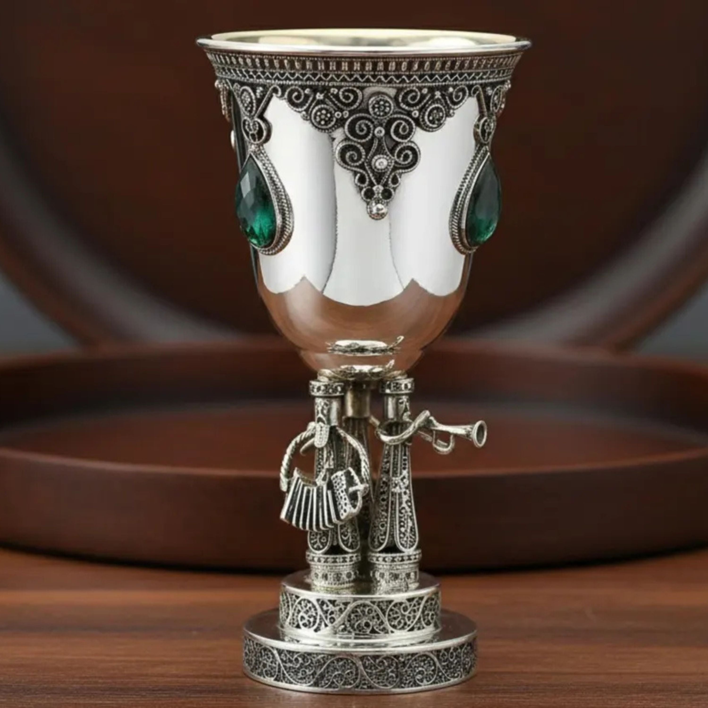 Round Kiddush Cup with Hasidic Musicians - Eilat Stones and Sterling Silver