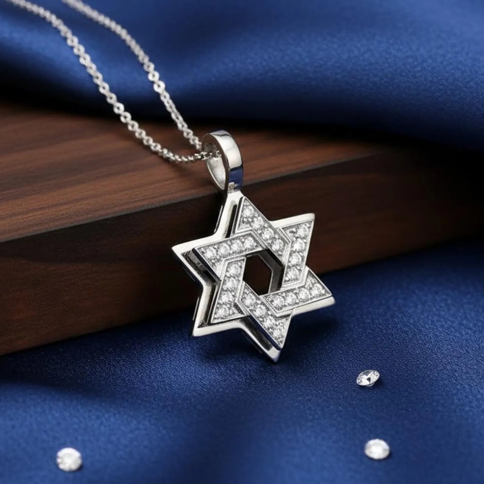 Small 18k White Gold Dual Layer Diamond Star of David Pendant