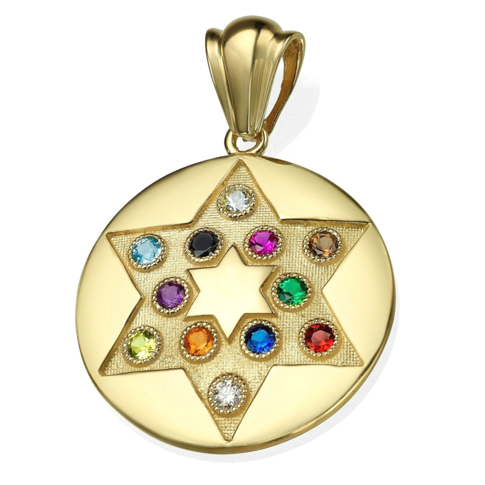 Pendant with Star of David - 14K Yellow Gold Circular Disc and Hoshen Gemstones