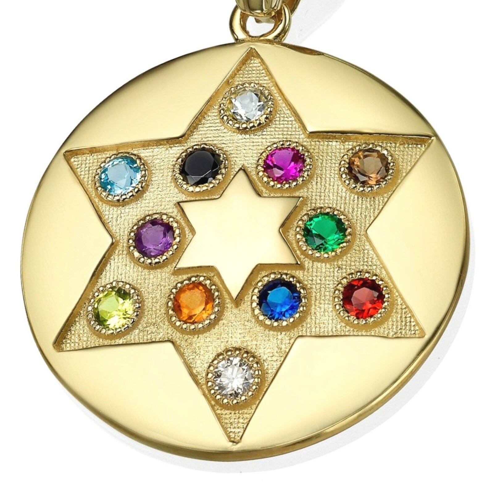 Pendant with Star of David - 14K Yellow Gold Circular Disc and Hoshen Gemstones