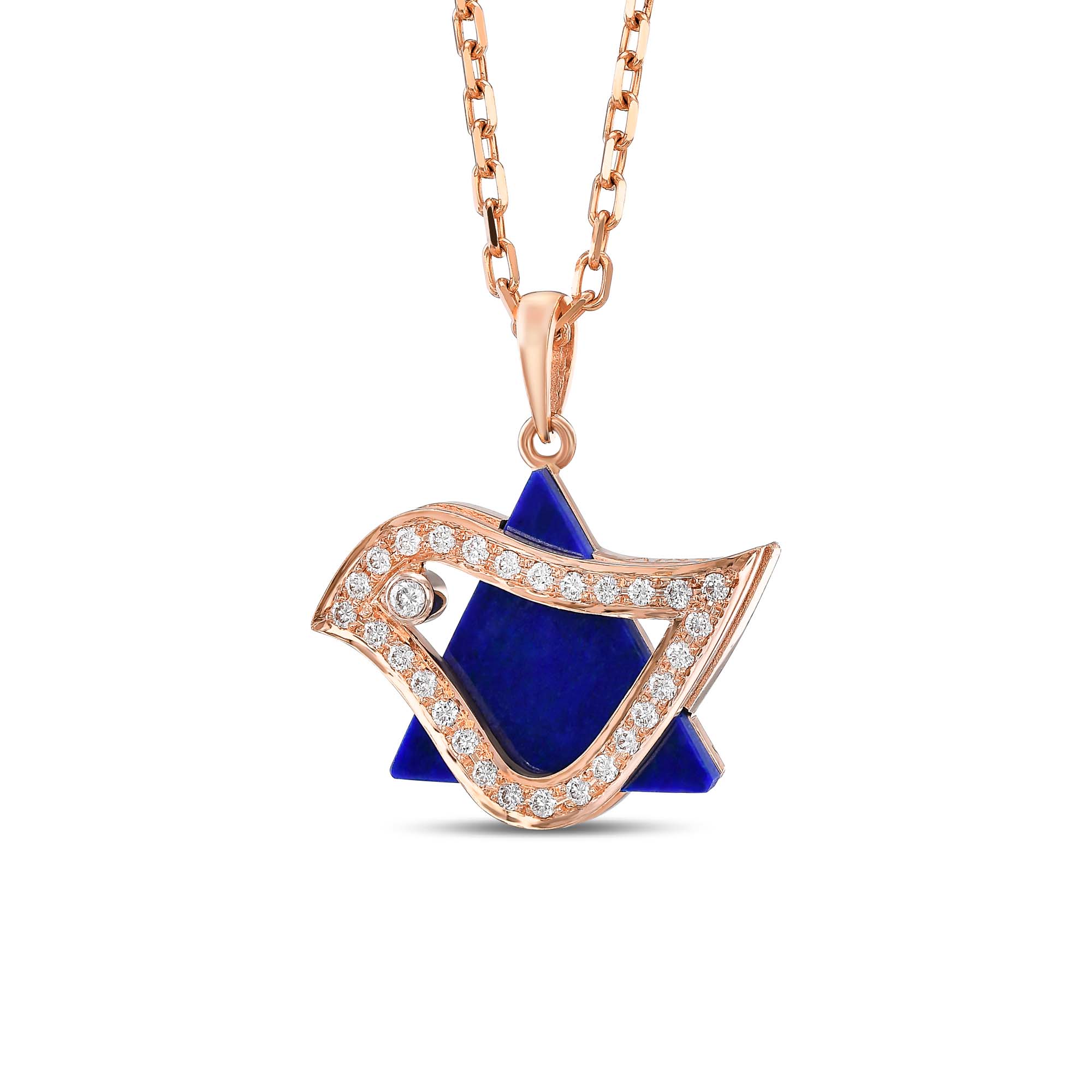 18K Gold Diamond Lapiz Lazuli Dove of Peace Star of David Pendant