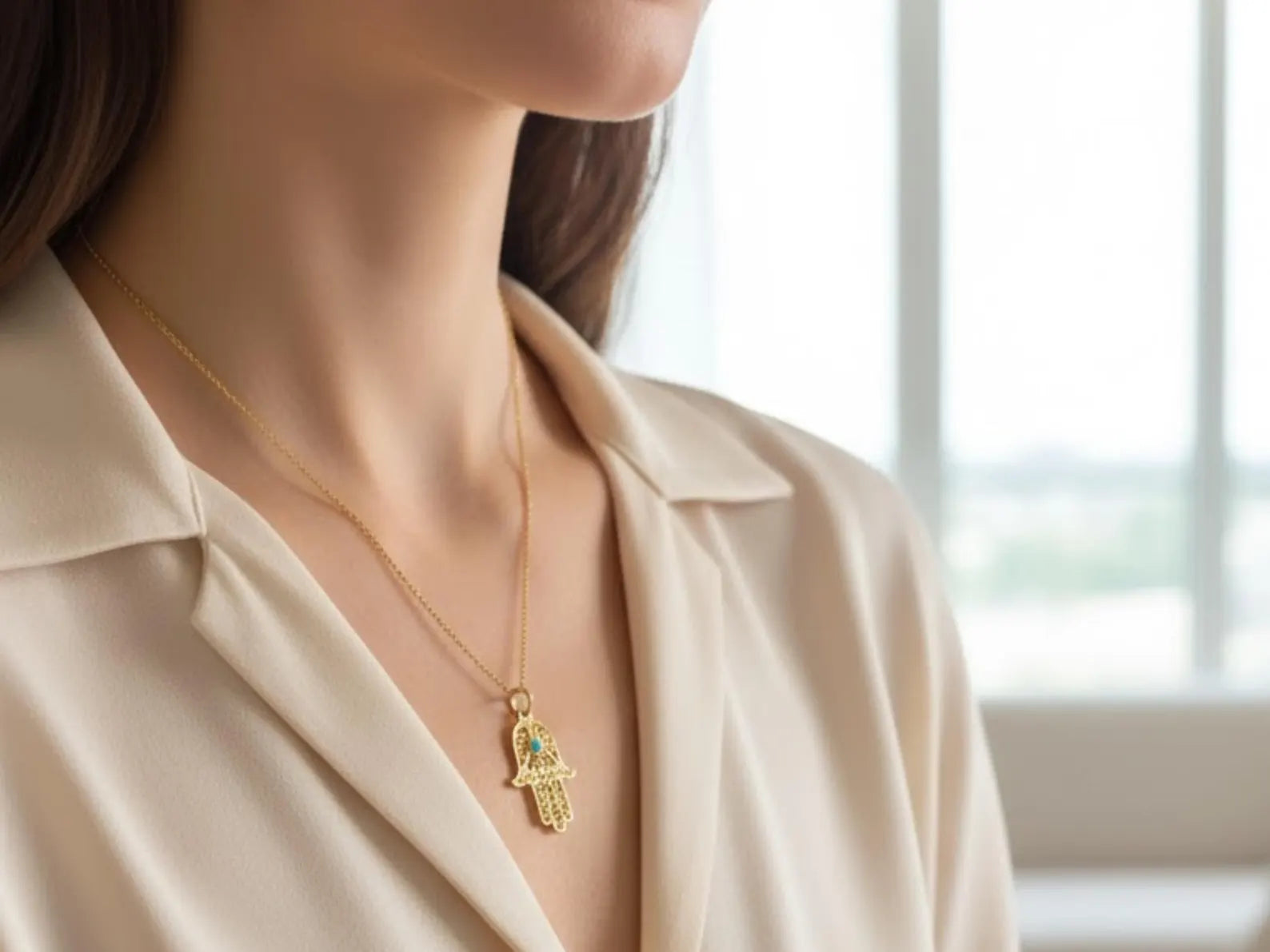 Filigree Turquoise Symmetric Hamsa 14k Gold Pendant