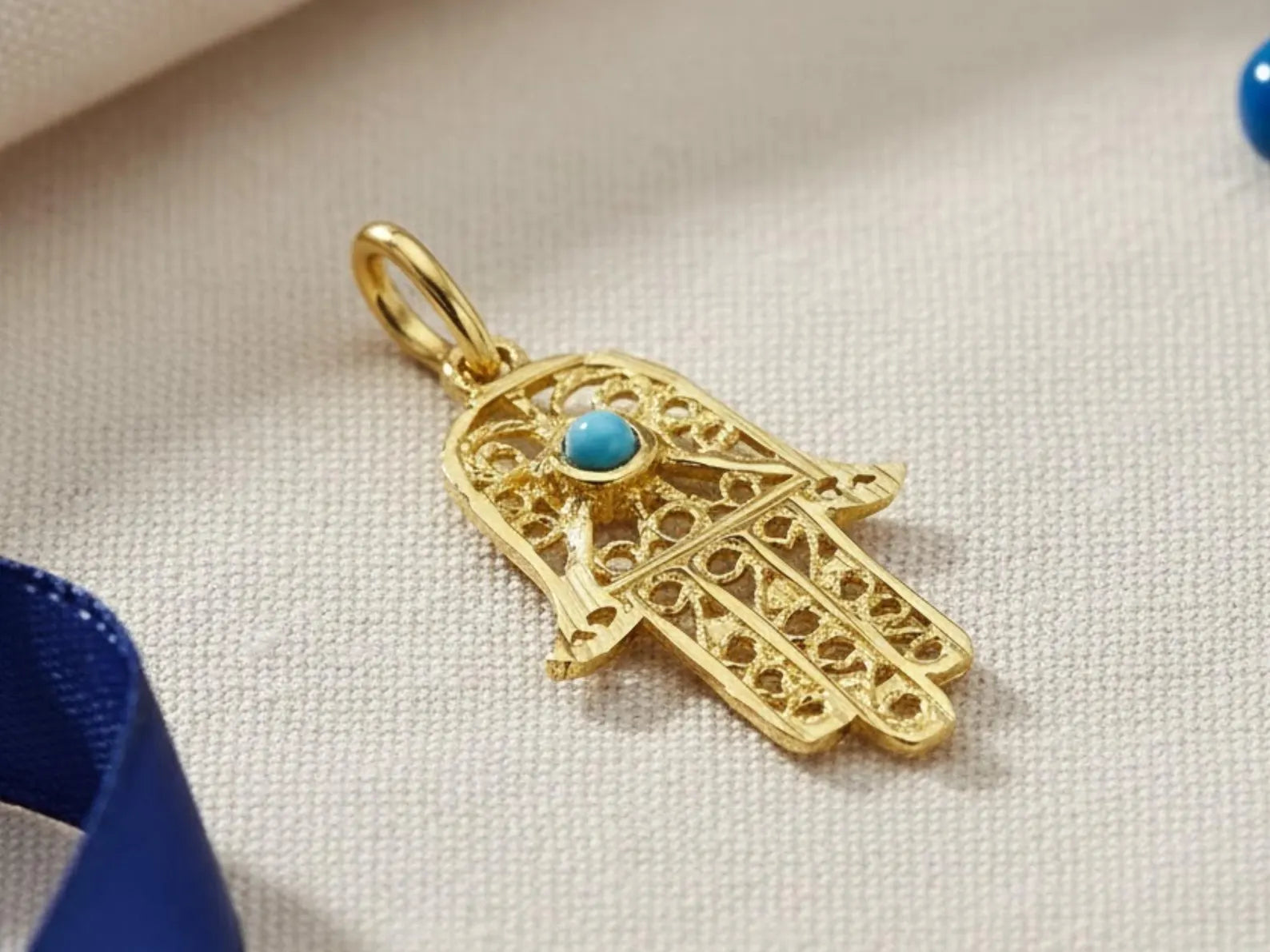 Filigree Turquoise Symmetric Hamsa 14k Gold Pendant