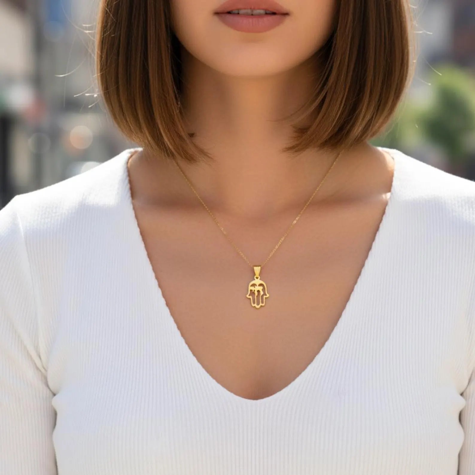 Chai Hamsa Pendant in 14K Gold
