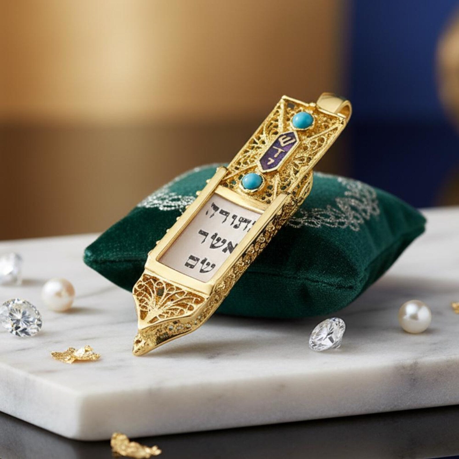 14K Gold Filigree Torah Mezuzah Pendant