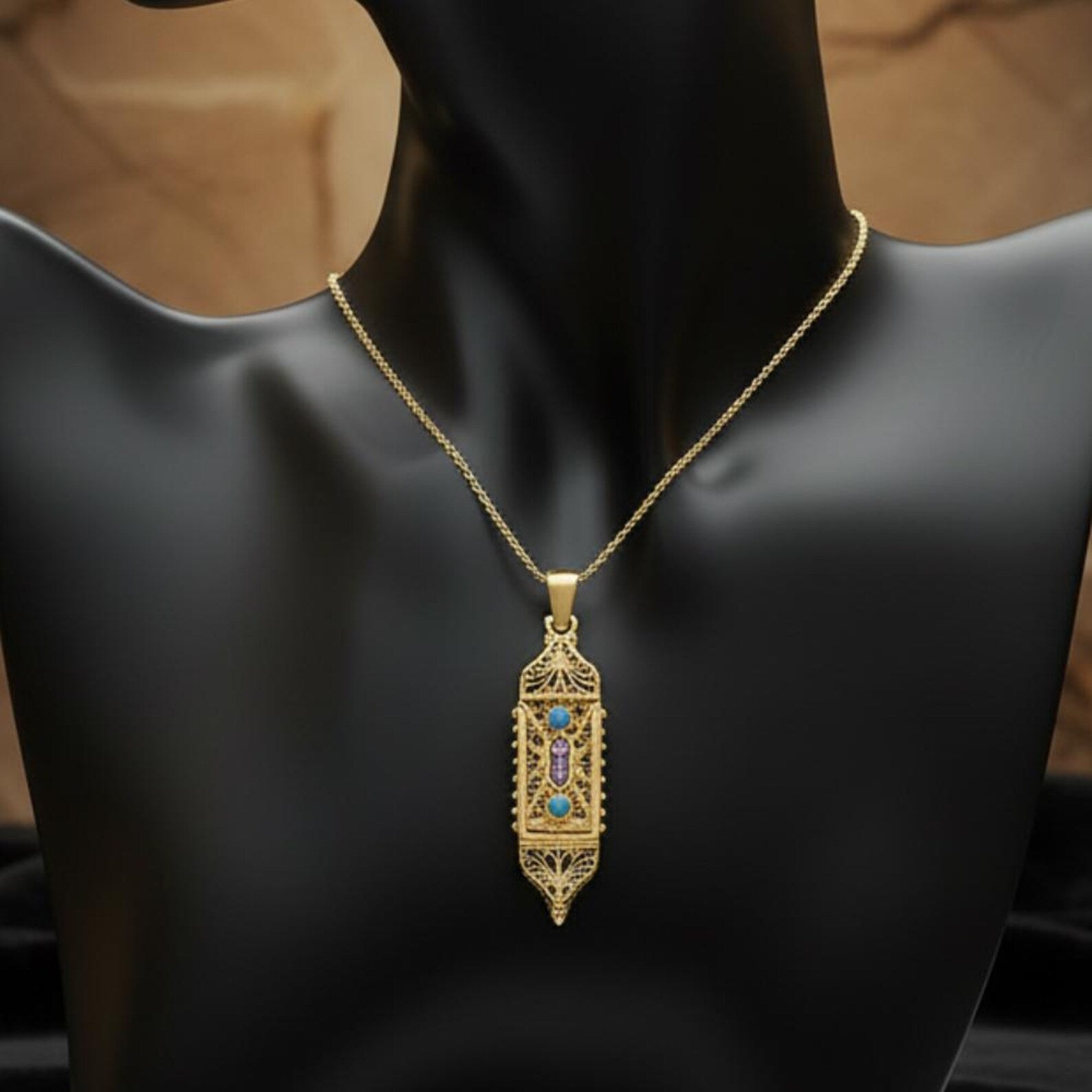 14K Gold Filigree Torah Mezuzah Pendant