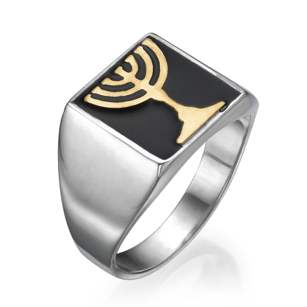 Menorah Onyx Silver Gold Inlay Signet Ring