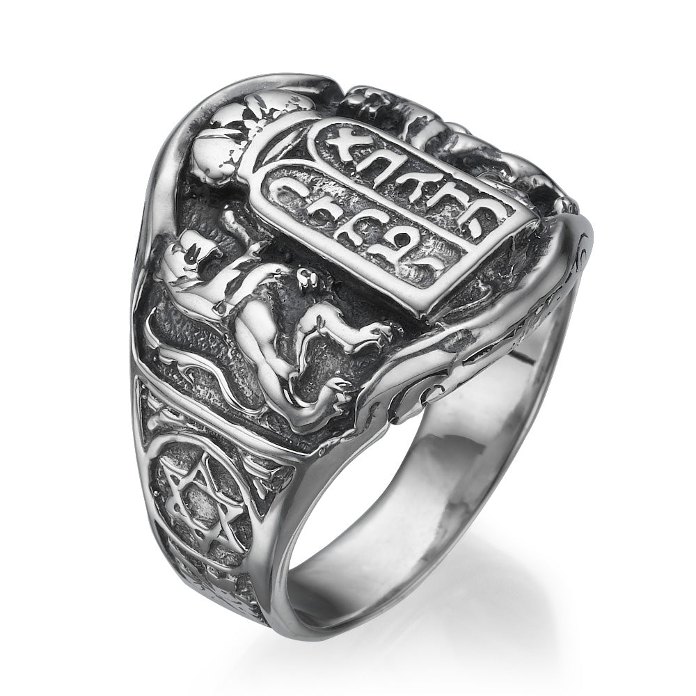 Ten Commandments Lion of Judah Silver Men's Ring