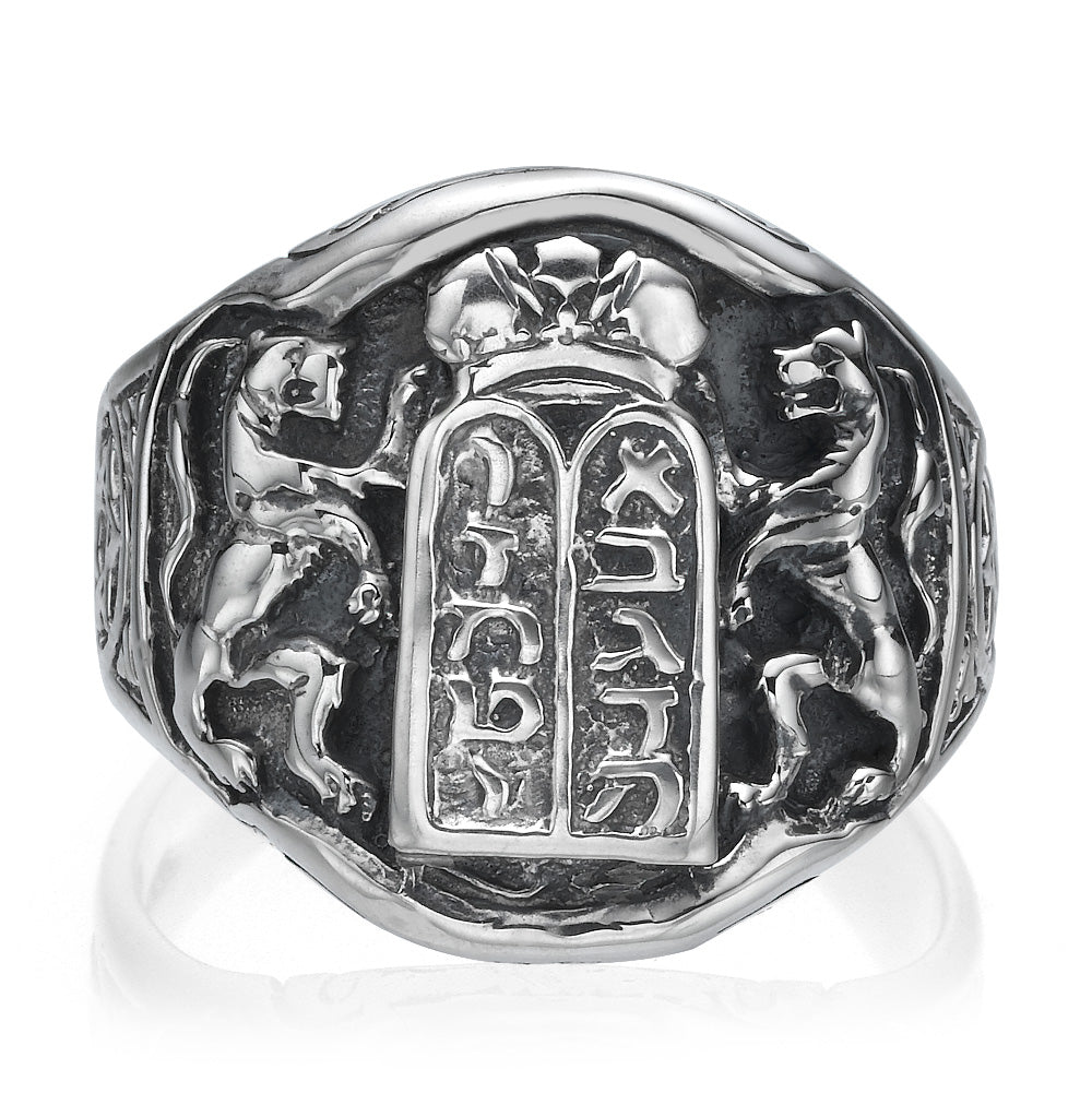 Ten Commandments Lion of Judah Silver Men's Ring
