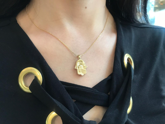 14k Gold 3D Old City Jerusalem Hamsa Thick Pendant