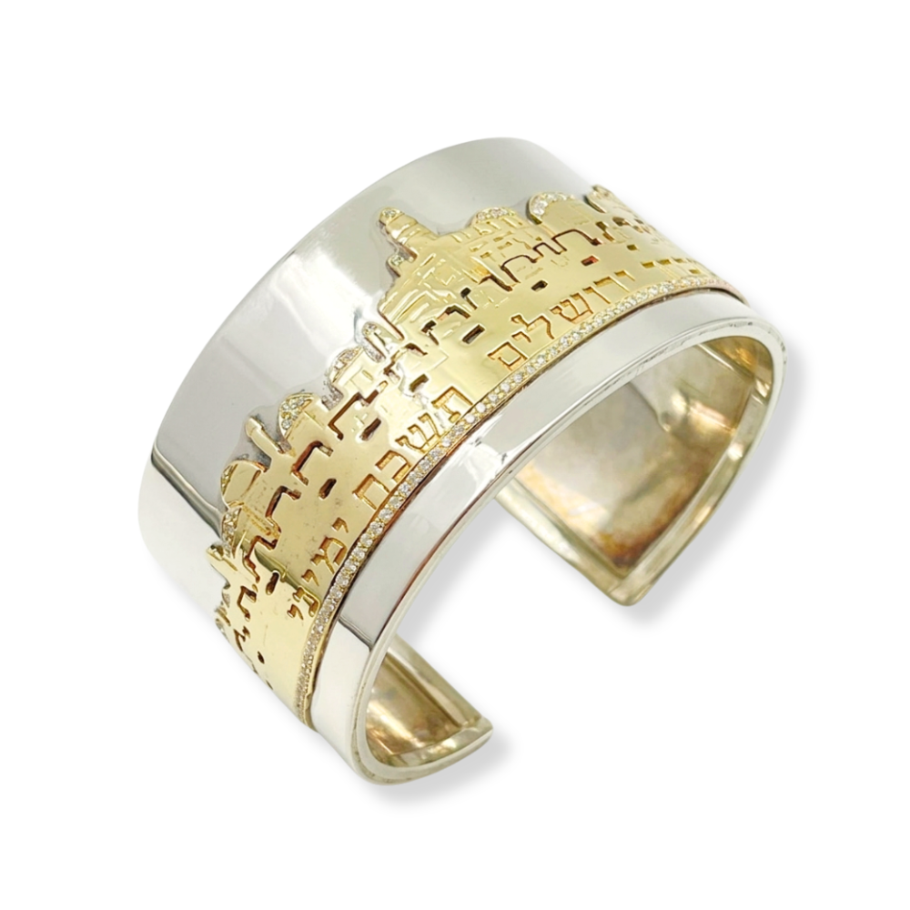 Jerusalem Cuff Bracelet in Silver and Gold with Diamonds