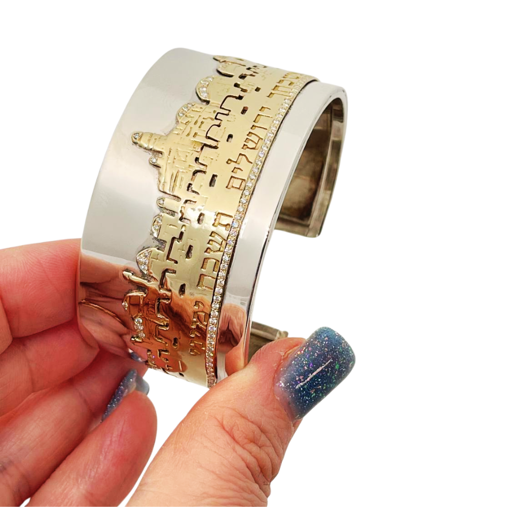 Jerusalem Cuff Bracelet in Silver and Gold with Diamonds