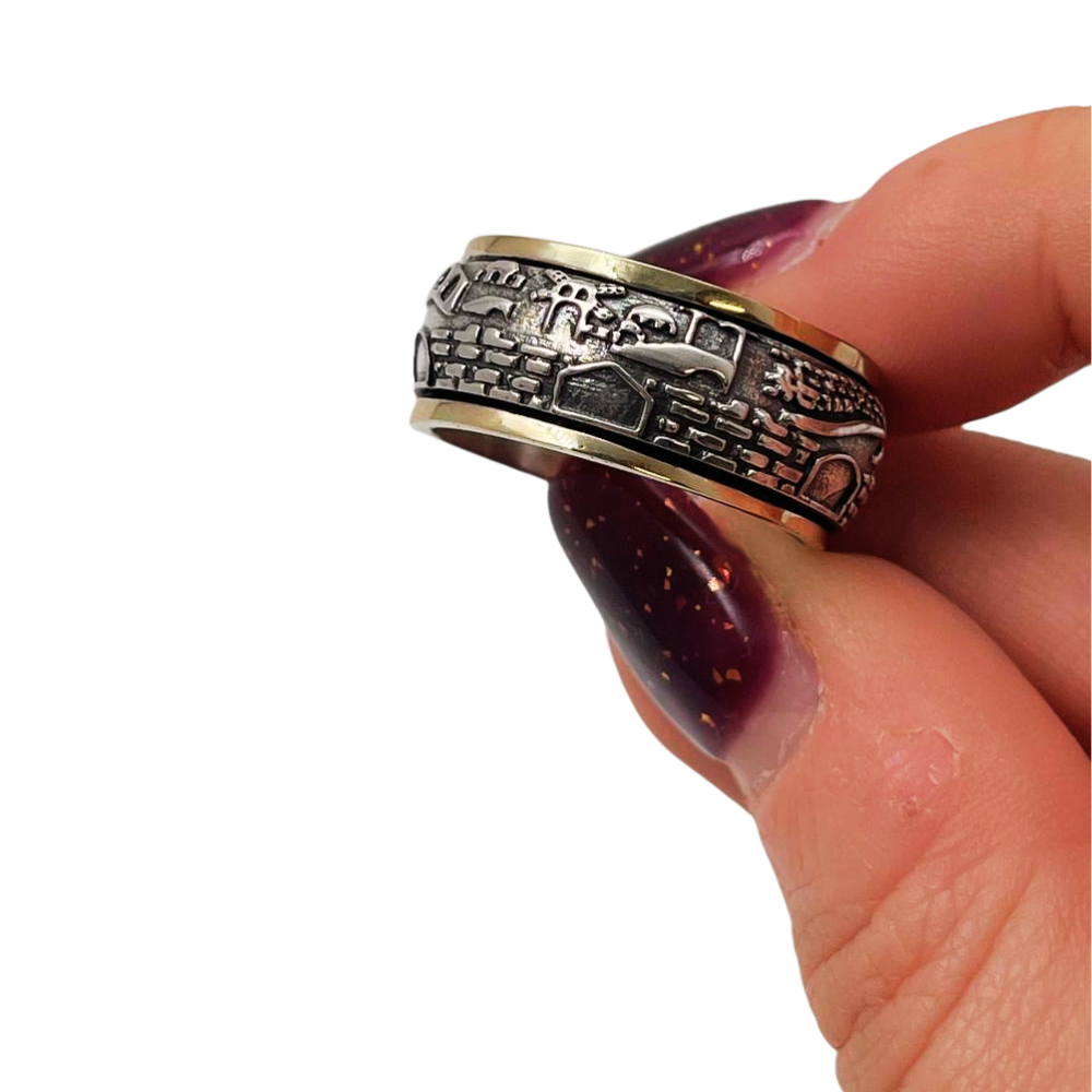 Spinning Jerusalem Ring 14K Gold and Silver - Broad