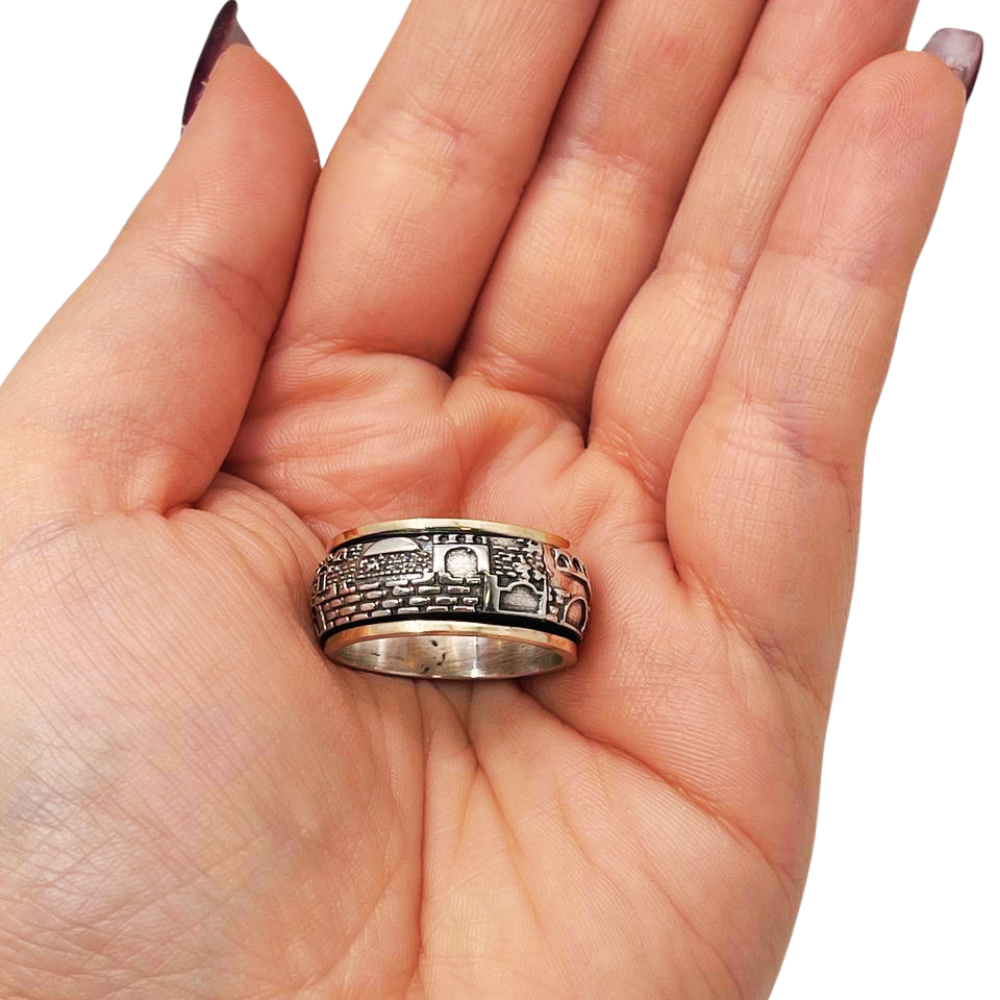 Spinning Jerusalem Ring 14K Gold and Silver - Broad
