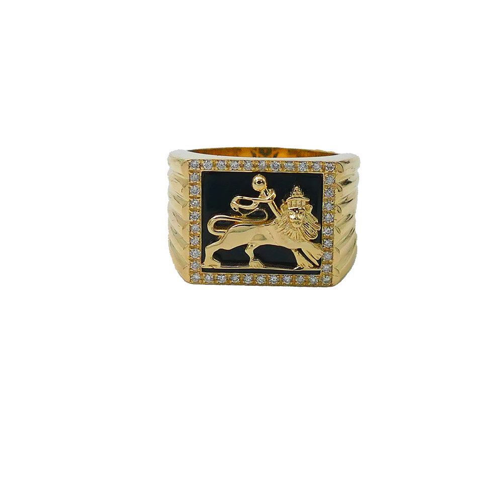 Lion of Judah Ring - Bob Marley Style 14K Yellow Gold Diamond Onyx