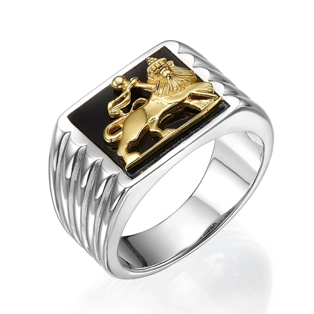Bob Marley Style Lion of Judah Ring in Sterling Silver and Gold with Black Onyx