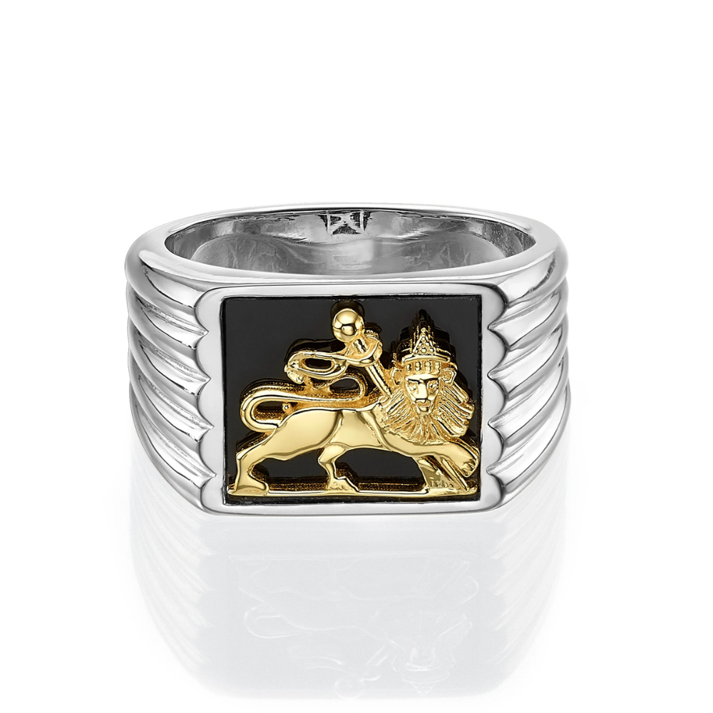 Bob Marley Style Lion of Judah Ring in Sterling Silver and Gold with Black Onyx