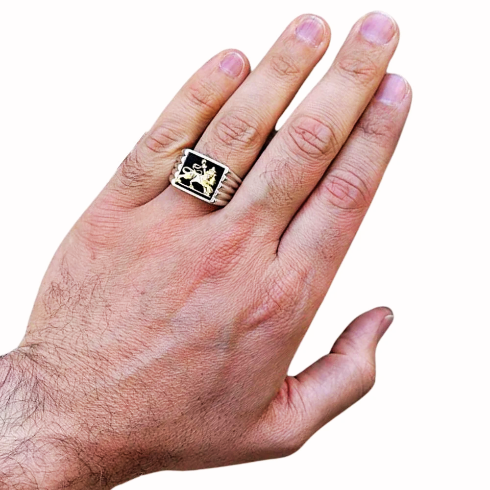 Bob Marley Style Lion of Judah Ring in Sterling Silver and Gold with Black Onyx