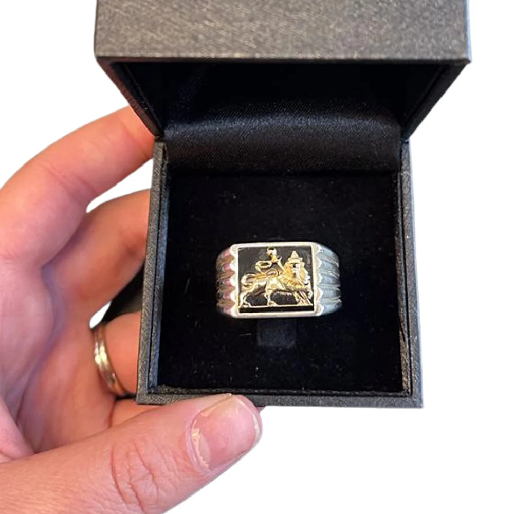 Bob Marley Style Lion of Judah Ring in Sterling Silver and Gold with Black Onyx