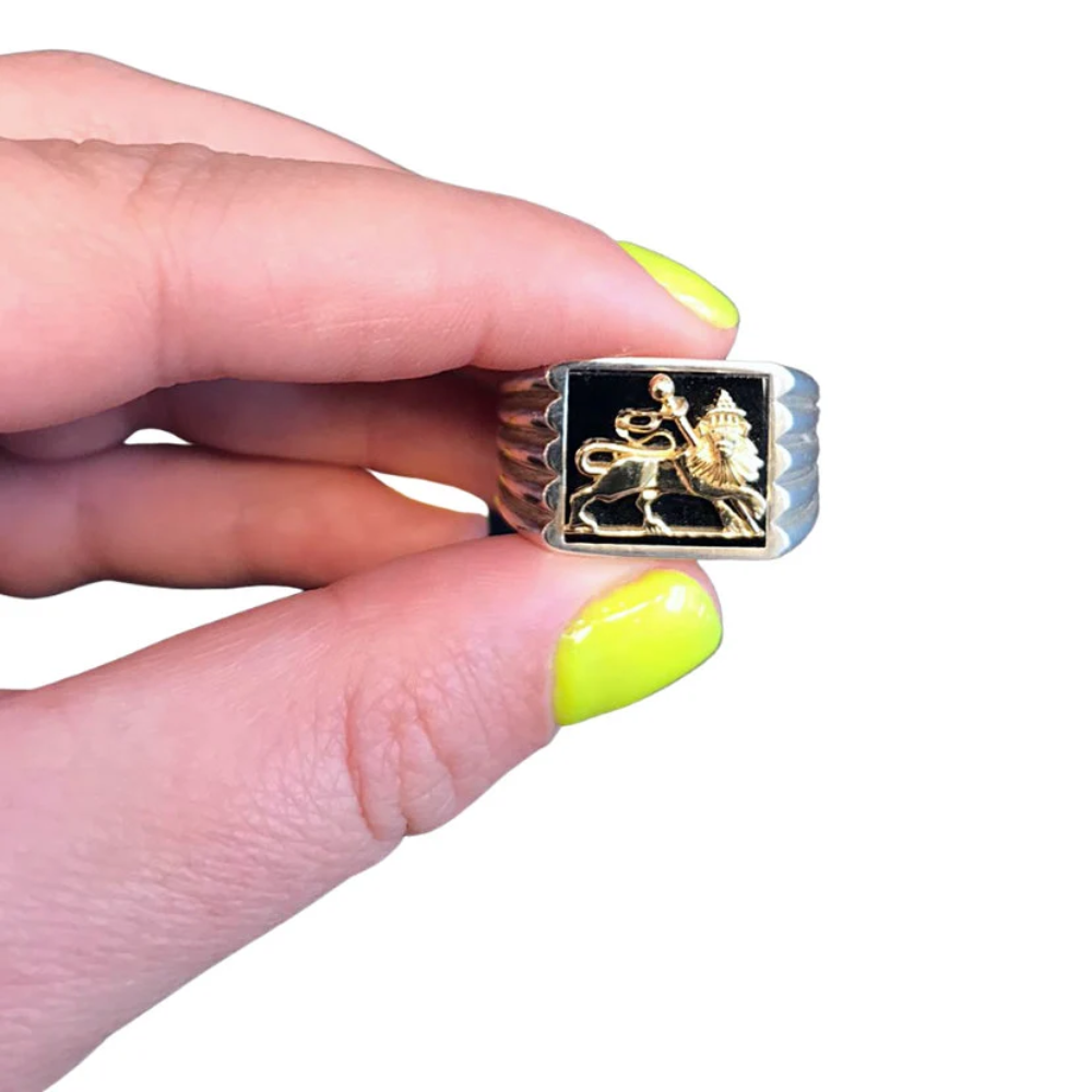 Bob Marley Style Lion of Judah Ring in Sterling Silver and Gold with Black Onyx