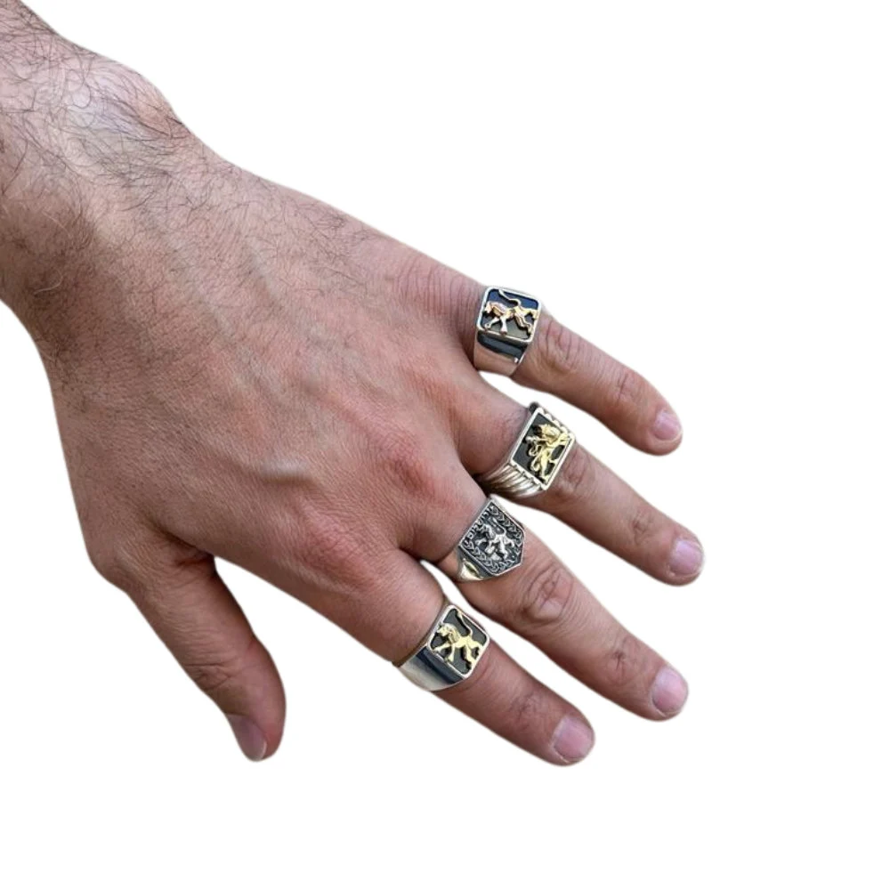 Bob Marley Style Lion of Judah Ring in Sterling Silver and Gold with Black Onyx