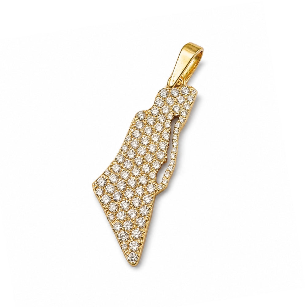 Diamond Studded Map of Israel Pendant with Am Israel Chai in 14K Gold