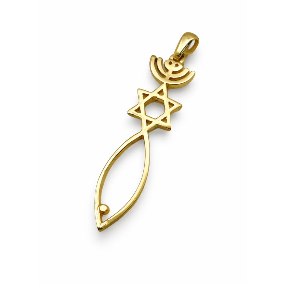 Menorah, Star of David, and Fish 14K Gold Pendant - Large