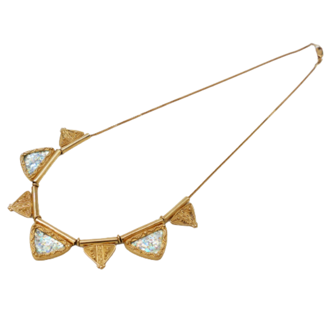 Triangular Roman Glass Filigree Ethnic 14k Gold Necklace