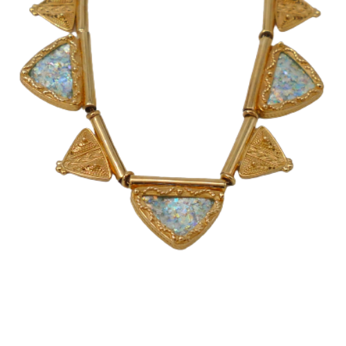 Triangular Roman Glass Filigree Ethnic 14k Gold Necklace